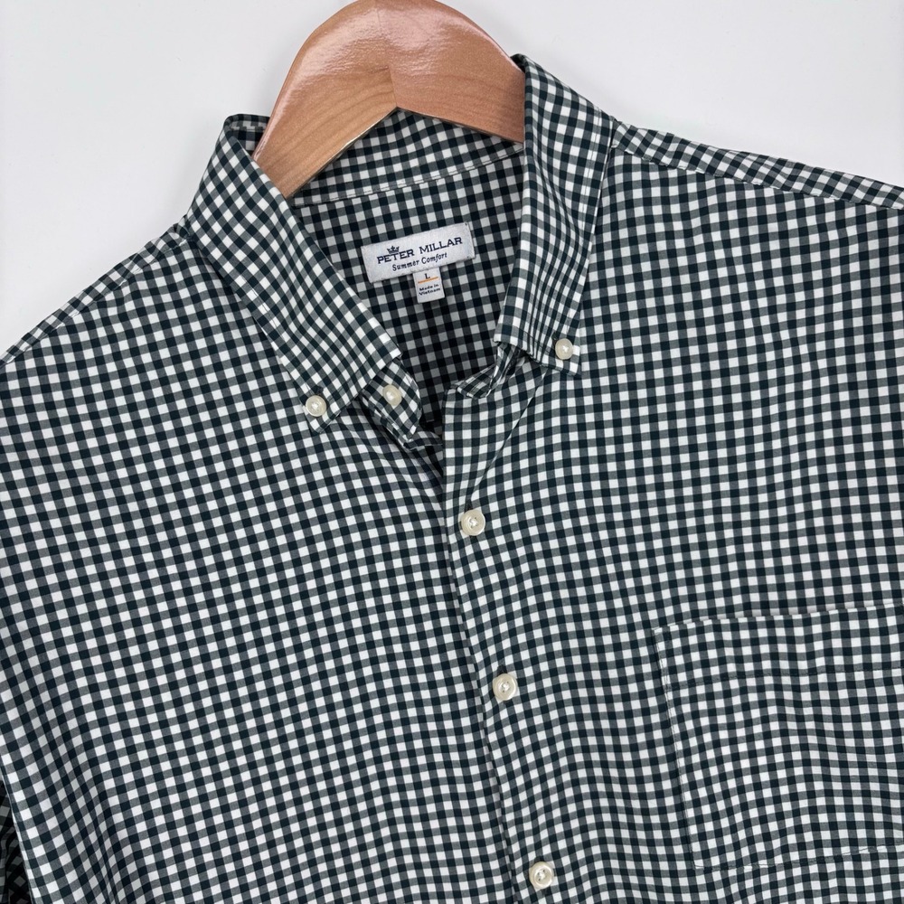 Peter Millar Summer Comfort Button Down Shirt Mens L Green Gingham Performance